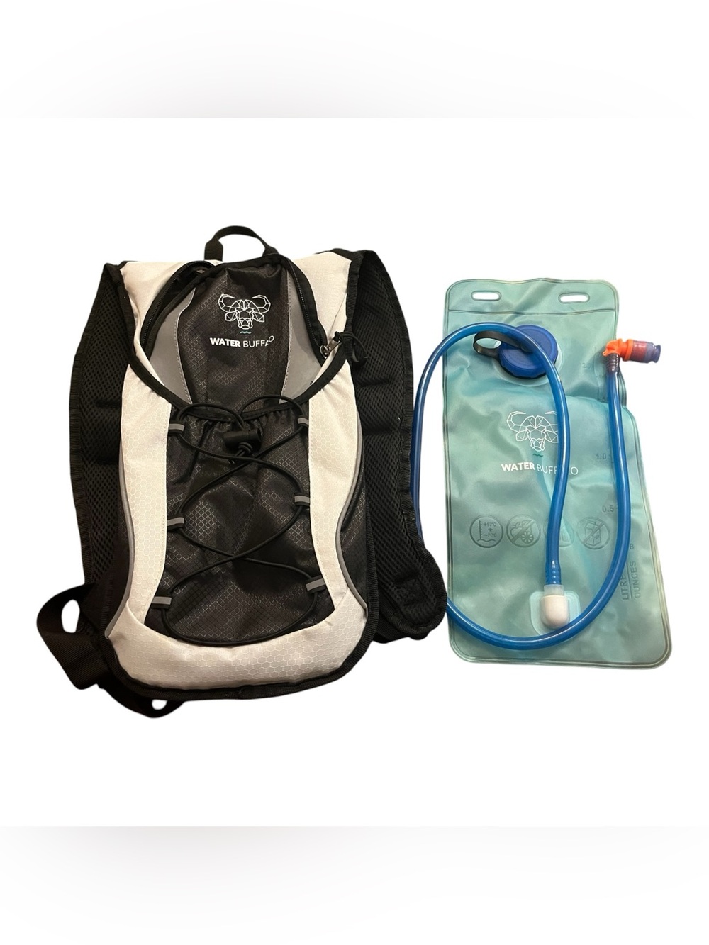 Water Buffalo Black and White Hydration Backpack with Blue Reservoir
